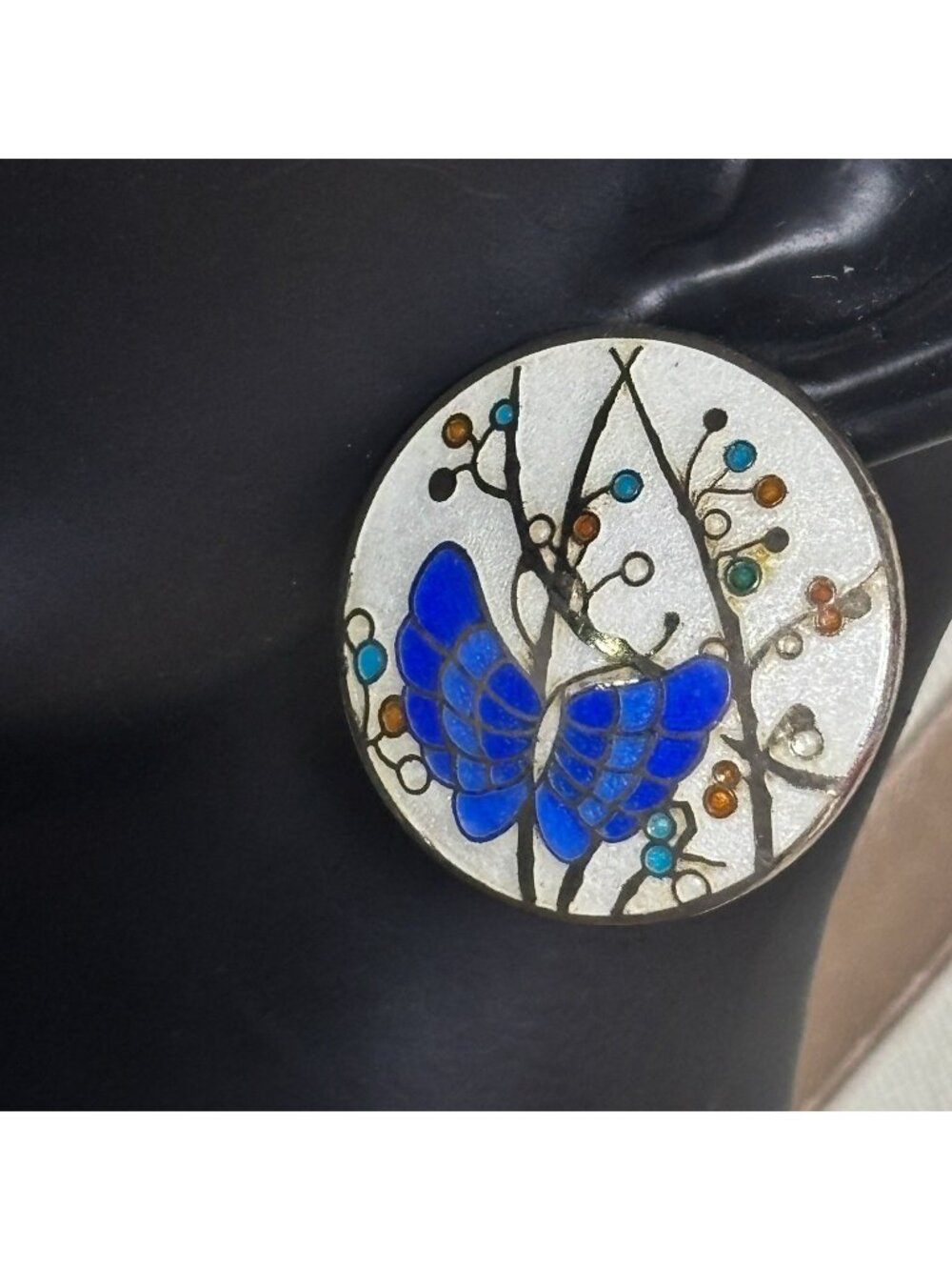 VTG Blue Cloisonne Butterfly Round Stud Post Earrings Silver Tone Jewelry C52